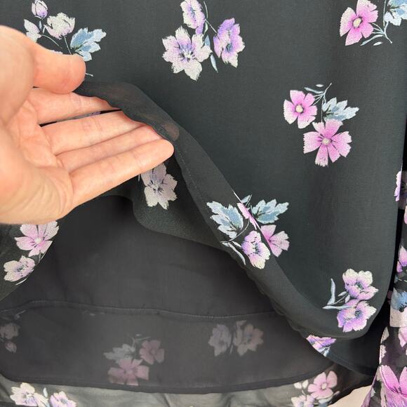 Nanette Lepore Zen Floral Silk Blouse Black Pink Sheer Large Fairy Feminine - Picture 12 of 15
